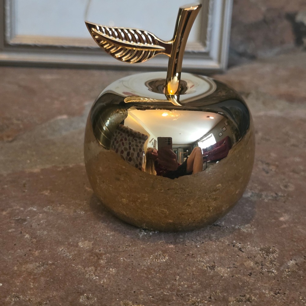 Gold Apple Figurine Paperweight MCM Dark Academia Heavy Reflective Finish 4"